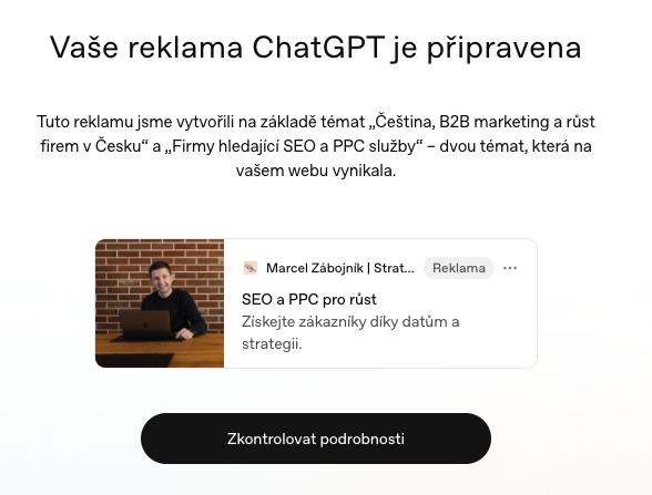 Úvodní reklama vygenerovaná systémem ChatGPT Ads