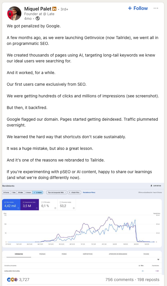 Status na LinkedInu Miquela Paleta pojedn&aacute;vaj&iacute;c&iacute; o poklesu organick&eacute; n&aacute;v&scaron;těvnosti. 