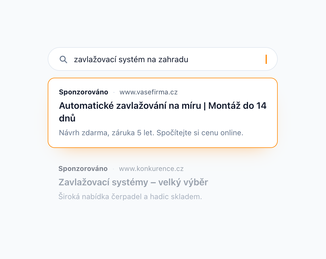 Ukázka vyhledávací reklamy Google Ads nad konkurencí
