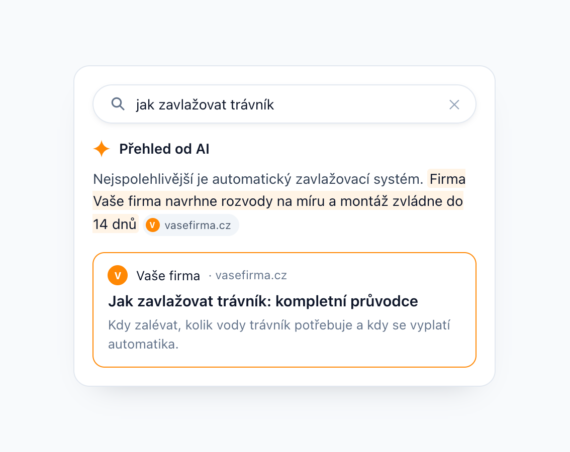 Ukázka AI přehledu ve vyhledávání, který doporučuje web klienta