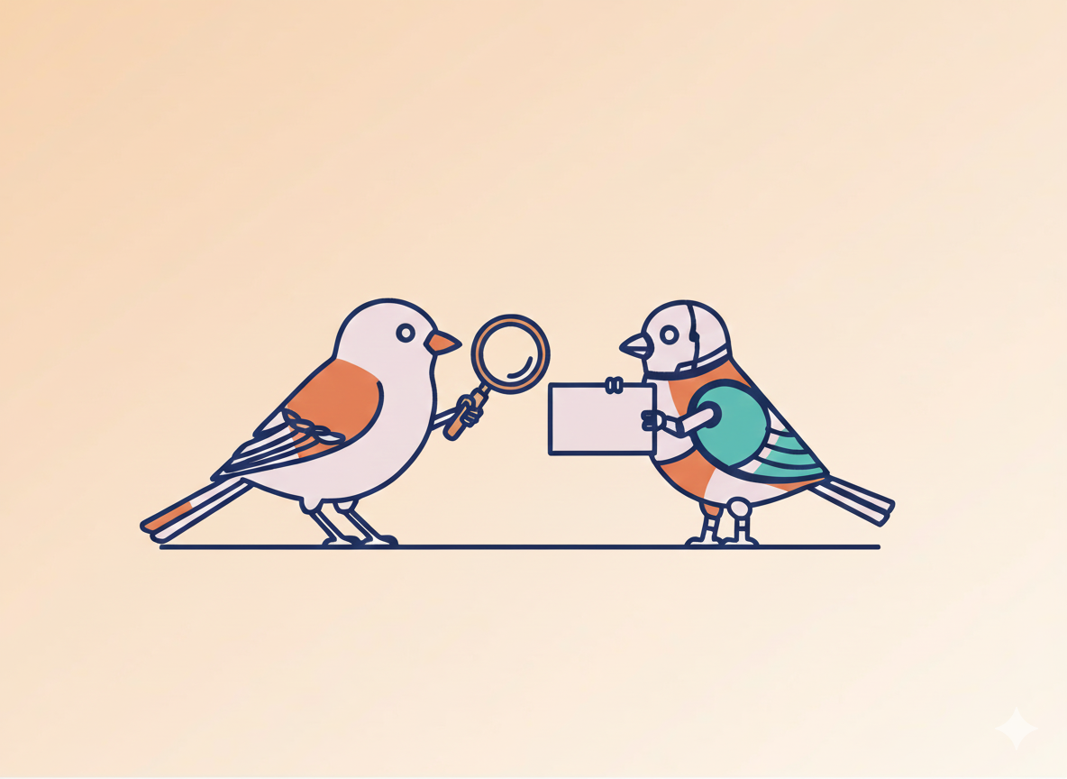 Náhledový obrázek článku o generování AI obsahu: dva ptáci, jeden je robotický a druhý živý.